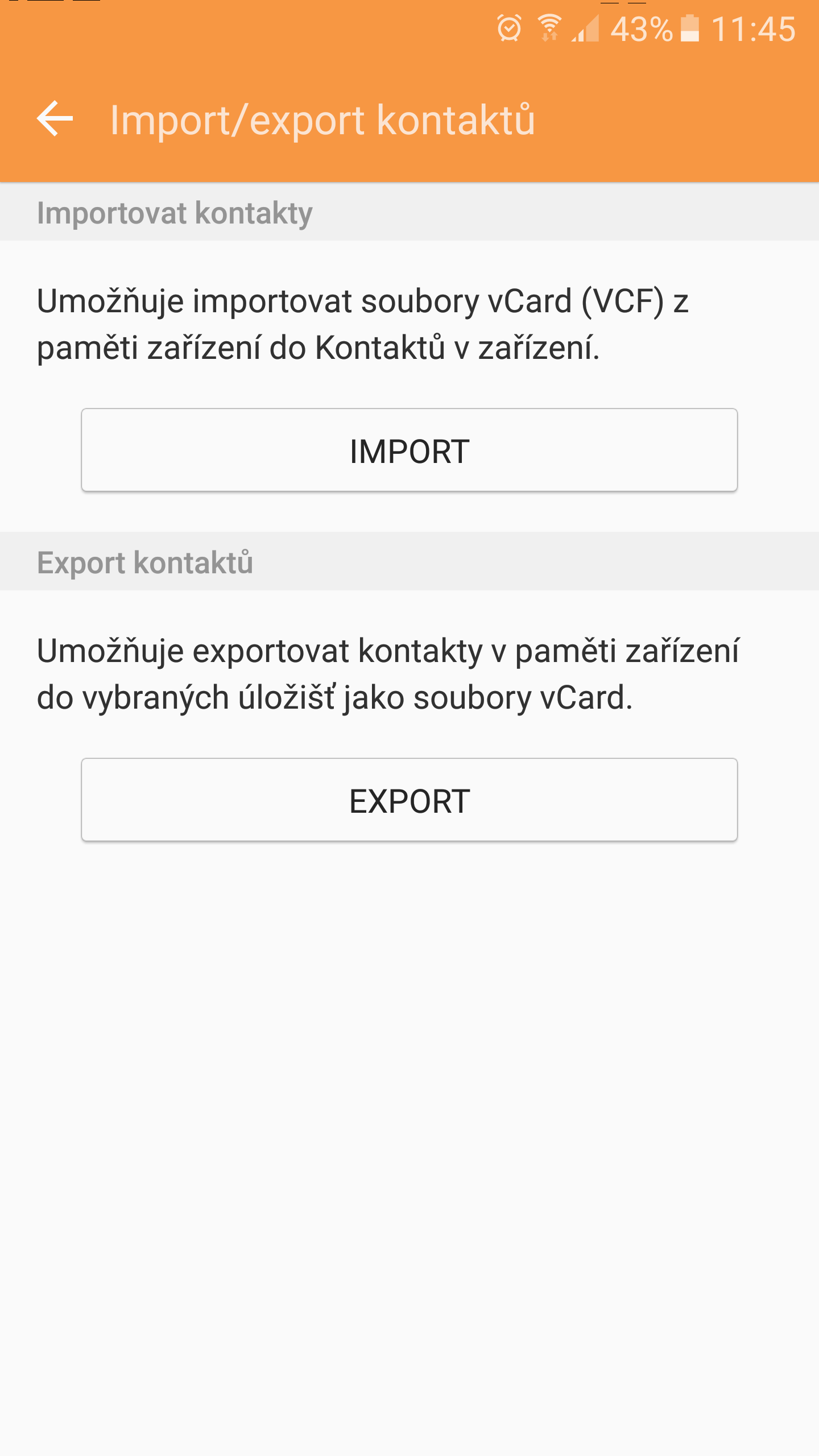 Funkce export import kontaktů Android